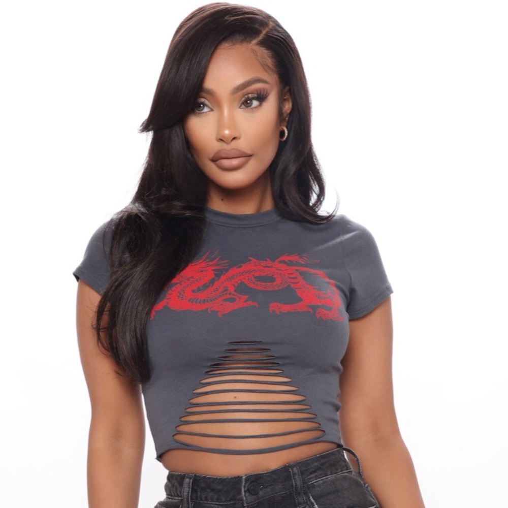 SOLD LAST ONE! Fashion Nova Red Dragon Ripped T-Shirt - Picture 5 of 9